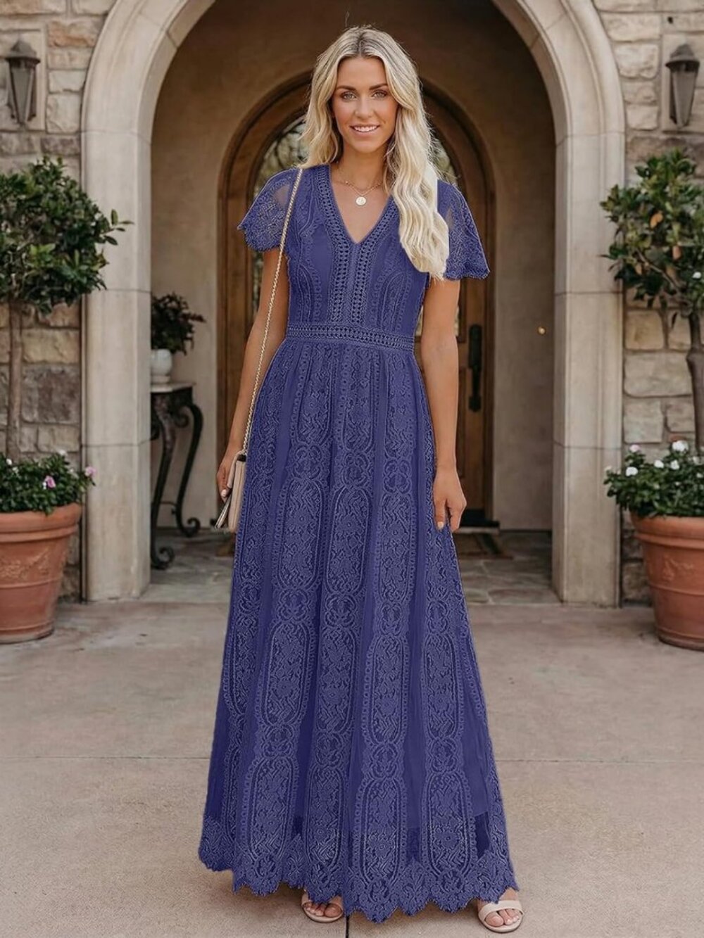 Floral Lace V Neck Short Sleeve A-Line Maxi Dress | Boho Wedding & Bridesmaid - Picture 2 of 8